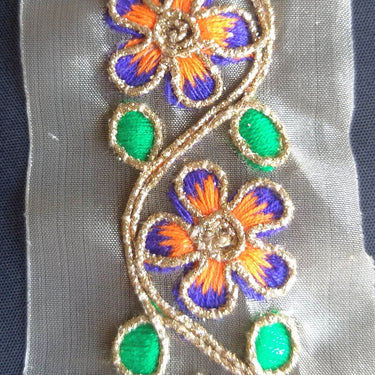 Gold Sheer Tissue Fabric Trim With Embroidered Pink / Blue, Orange, Green & Gold Flowers